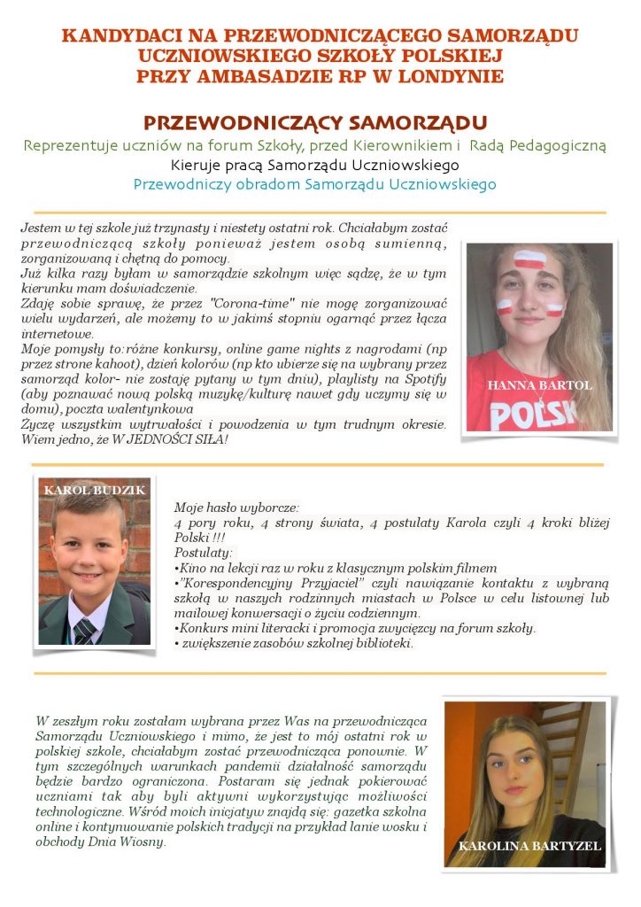 Kandydaci na przewodniczącego samorządu uczniowskiego