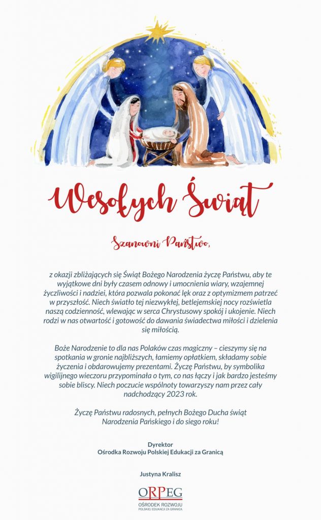 ŻYCZENIA ŚWIĄTECZNE DYREKTOR ORPEG PANI JUSTYNY KRALISZ