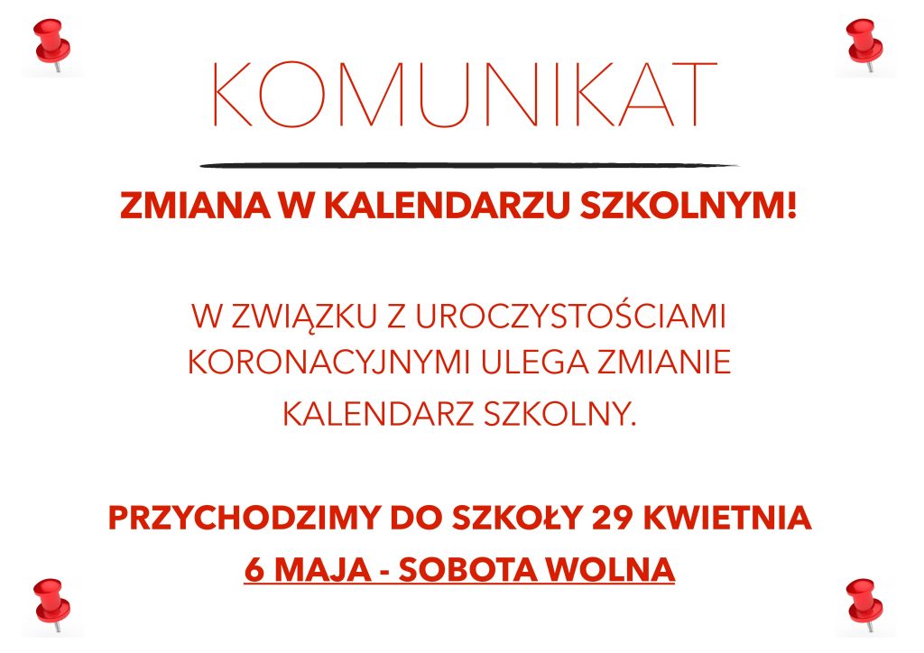 ZMIANA W KALENDARZU SZKOLNYM